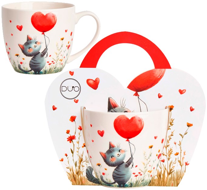 KOT Z BALONEM KUBEK 460ml + OPAKOWANIE Z RĄCZKĄ